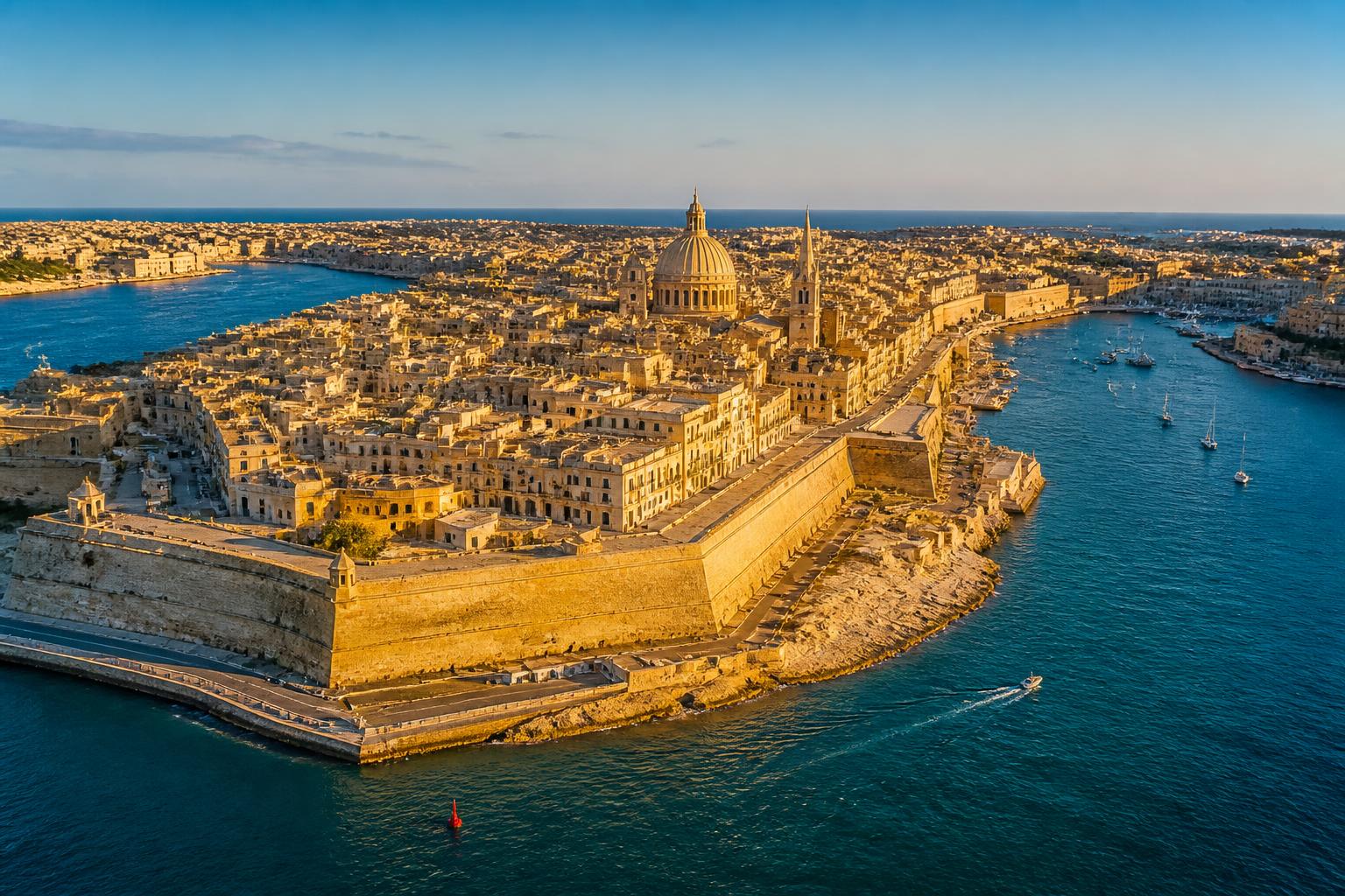 Aerial view of Valletta, Malta at golden hour