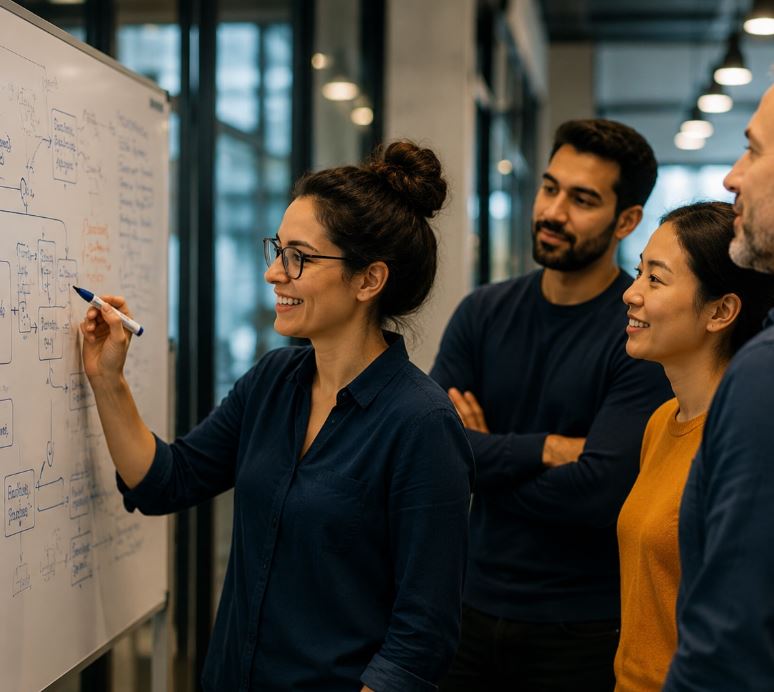 Senior engineering team reviewing architecture in a modern enterprise environment